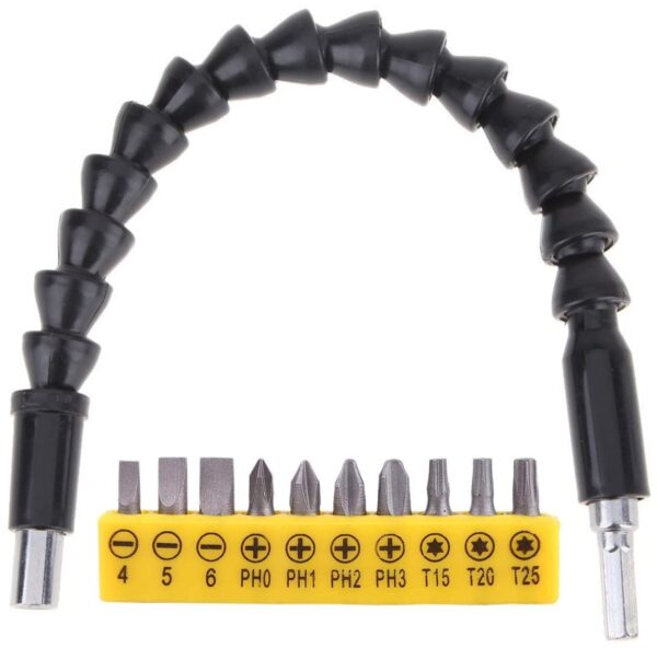 ATHGLOBAL 10Pc Bits with Flexible Shaft Set Screwdriver Magnetic Extension Adapter Holder Connector for Electronic Power Drill 6mm or ¼ Inch Hex Shank Power Tool Accessories Black Plastic and Metal