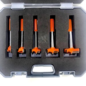 Jon Bhandari Tools Hinge Boring Forstner Drill Bit Set – Carbide Tipped Steel Bits for Wood, Plywood & Woodworking – Clean Cutting Drill Bit Kit with Carry Case (Sizes: 15mm, 20mm, 25mm, 30mm, 35mm)